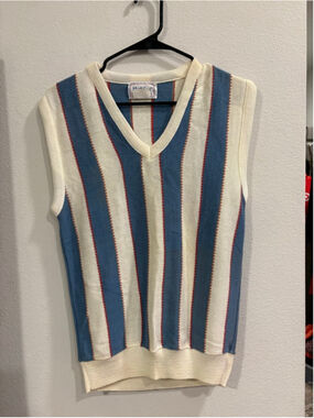 Vintage Mark Scot Striped Sweater Vest Cream Blue Red Small Golf Prep